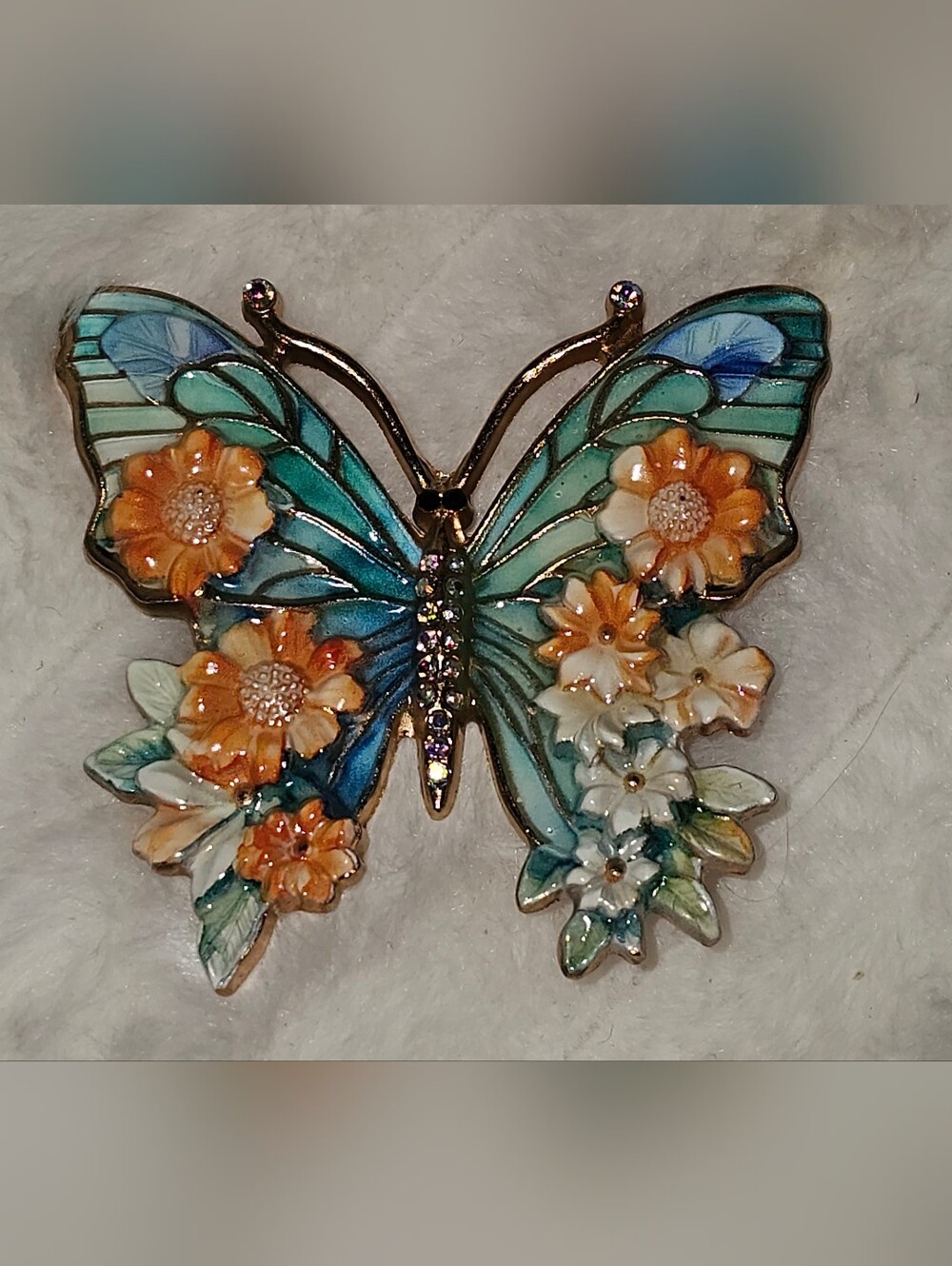 Hand-Painted Floral Butterfly Accent Brooch - Turquoise & Orange